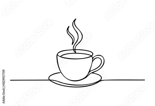 Coffee Cup one line drawing — a continuous line art illustration of a steaming hot cup of coffee or tea — stock illustration.