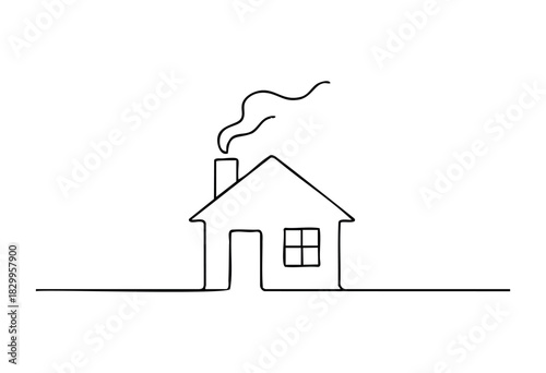 House one line drawing — a continuous line art illustration of a simple house with a smoking chimney — stock illustration.
