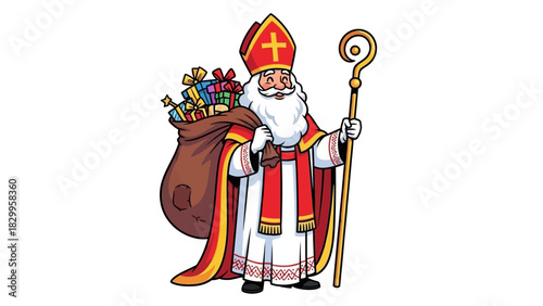 Cartoon Saint Nicholas Sinterklaas Character with Gift Sack and Crozier on White Background