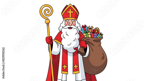 Cute Cartoon Sinterklaas Character Holding a Shepherd s Crozier and Gift Sack for Holiday Season