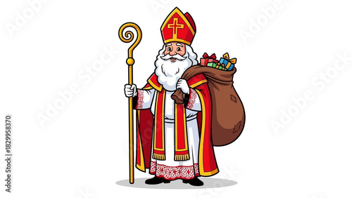 Cartoon illustration of Saint Nicholas Sinterklaas character holding a crozier and a sack of gifts on white background