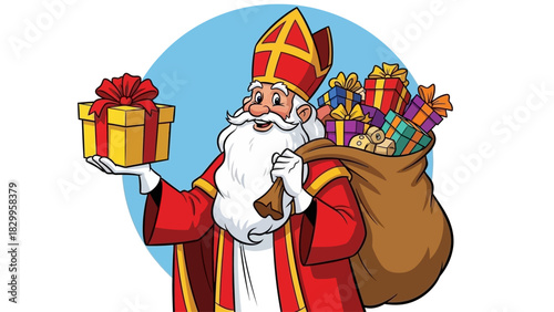 Sinterklaas or Saint Nicholas Cartoon Character with Gifts Sack and Presents