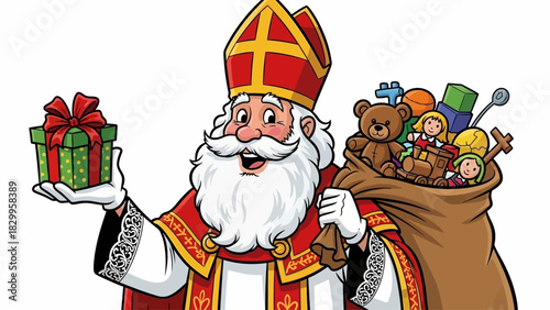 Sinterklaas Character Holding Gift and Sack of Toys Festive Holiday Illustration