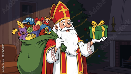 Saint Nicholas Sinterklaas Delivering Gifts with a Sack of Toys by the Fireplace