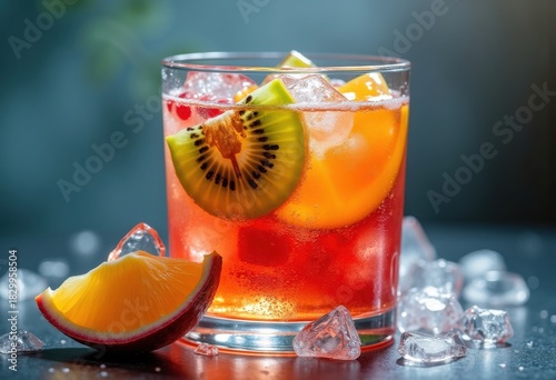 Layered Iced Mocktail Spectacle Colorful Fruit Display Striking Visuals Refreshing Layers