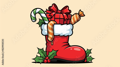 Festive Christmas Stocking Full of Candy and Gifts Illustration