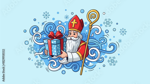Sinterklaas Holding Gift Box Surrounded by Winter Swirls and Snowflakes Illustration