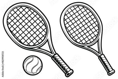 Isolated tennis racket with ball features simple black design on a white background
