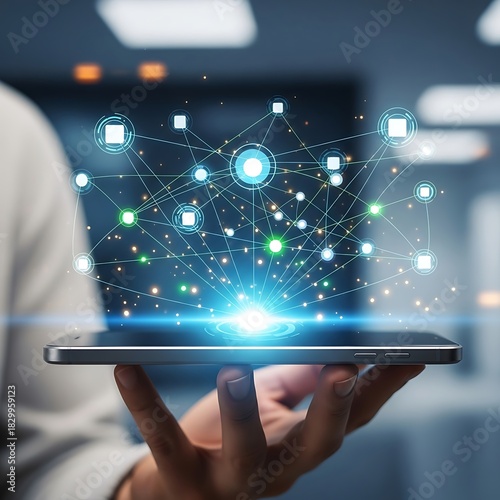 Futuristic digital network visualization emanating from a tablet held in a hand