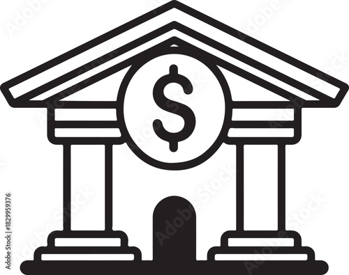 Outline icon of a bank building with columns and dollar sign on facade representing financial institution Keywords: bank, building, financial institution, money, dollar sign, currency, finance