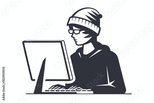 Masked cybercriminal in a beanie uses the computer and types on the keyboard actively