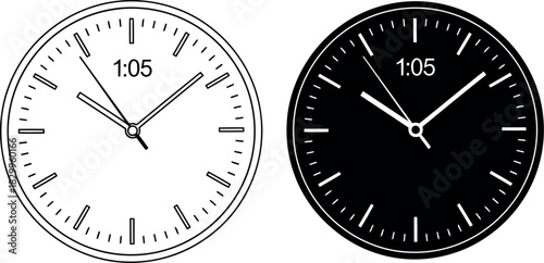 Two contrasting clock faces showing different times and styles
