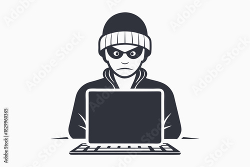 Masked person in striped hat furiously types on computer keyboard during late night