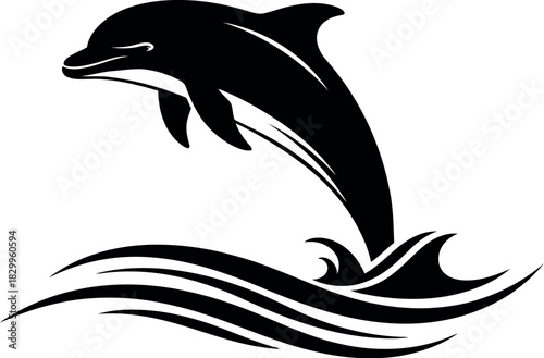 Black silhouette of a dolphin leaping from stylized ocean waves