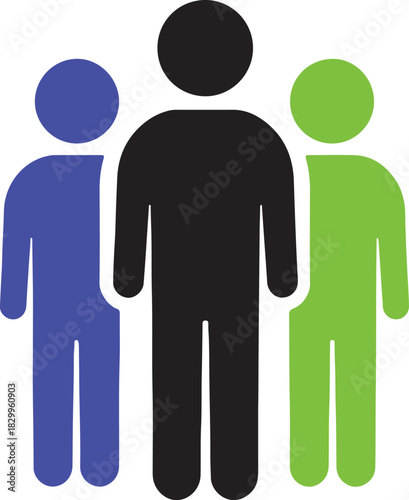 Three stylized human figures with a central black figure and two flanking figures in blue and green on a white background