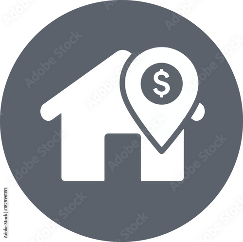 White house icon with dollar sign location pin slightly offset on a gray circle background vector graphic