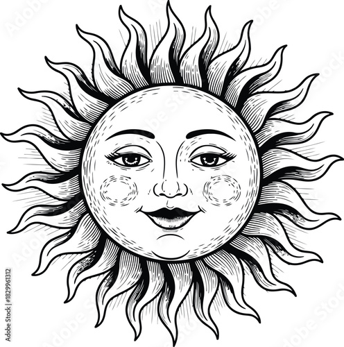 Vintage sun face illustration with fiery rays and rosy cheeks