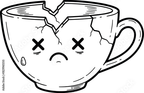 Sad broken coffee cup with x eyes and frown
