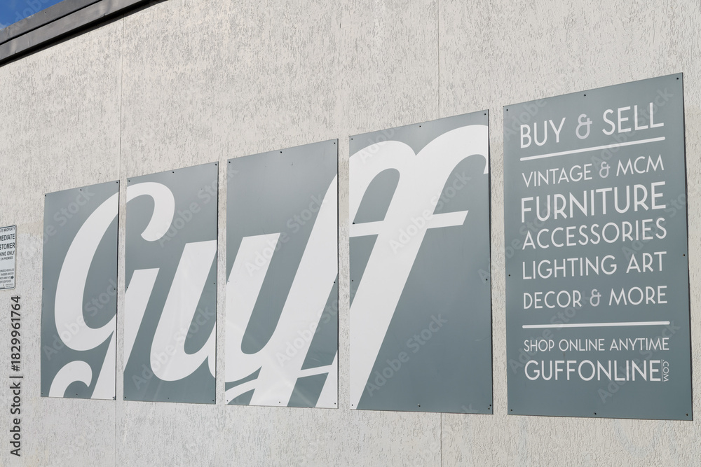 Fototapeta premium sign outside GUFF, a furniture store, located at 1 Davies Av off Queen St E, Toronto