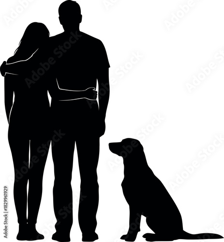 Couple and dog silhouette against a white background