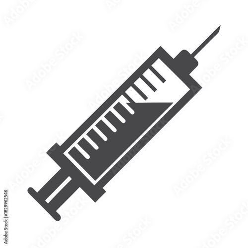 Monochrome syringe has a sharp needle, ready for injection, on a bright background