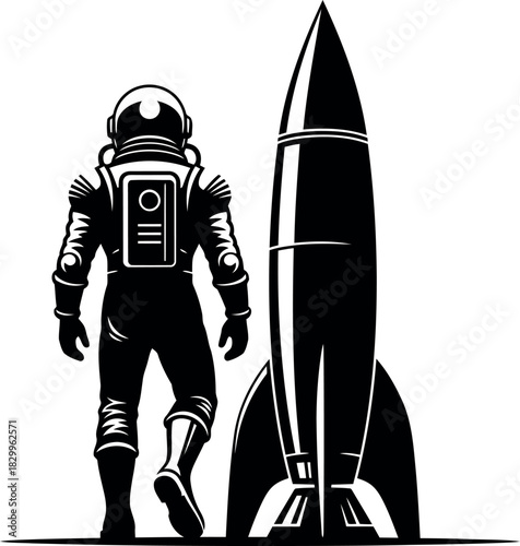 Astronaut standing next to a sleek rocket ready for launch