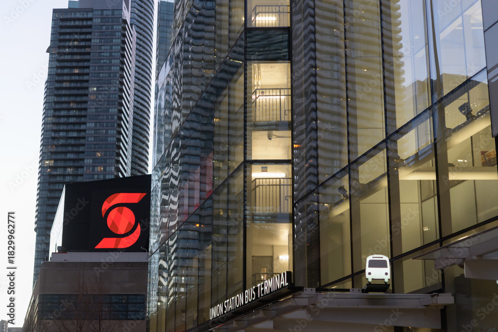 Obraz premium sign over entrance to Union Station bus terminal at CIBC Square, 81 Bay St, seen here from Lake Shore Blvd W, Toronto