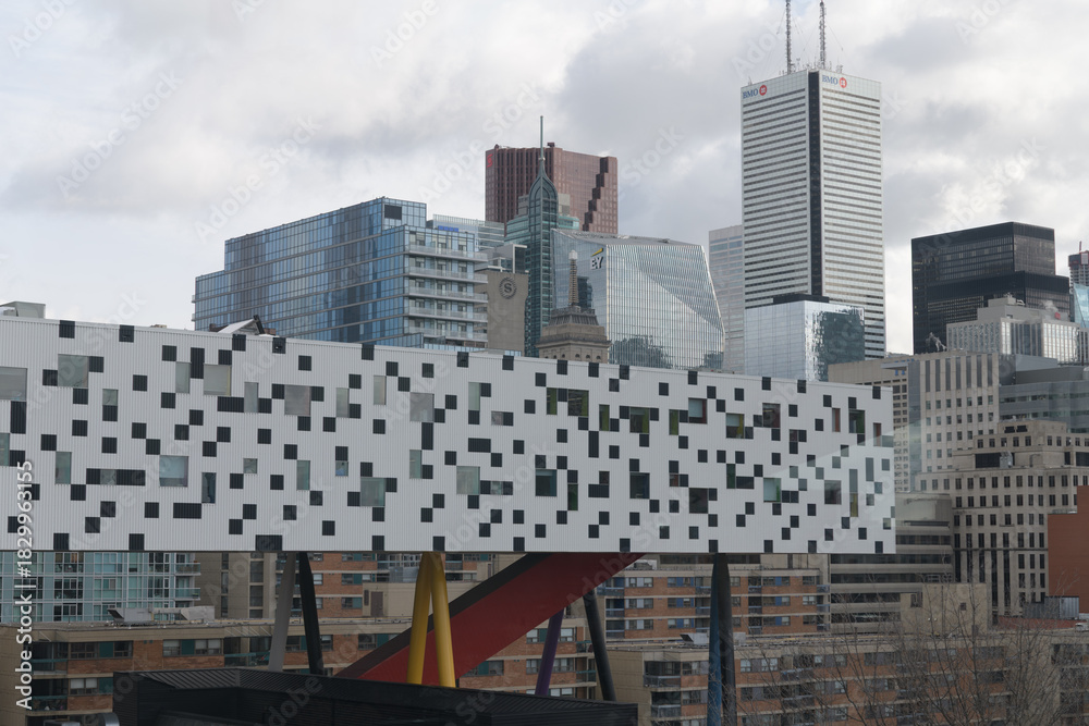 Fototapeta premium view outside Art Gallery of Ontario (exterior staircase) to the downtown core, financial district, and OCADU building on stilts, Toronto