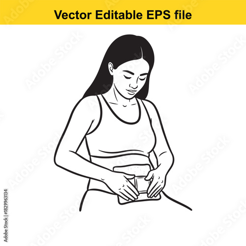 Line art illustration of a pregnant woman applying a fetal doppler device to her belly for monitoring the baby heartbeat, vector editable eps file