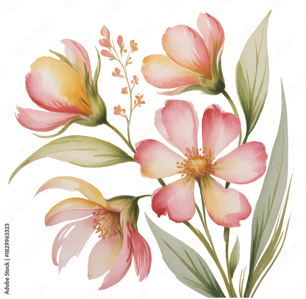 Fototapeta premium Watercolor floral cluster with warm peach petals and greenery.