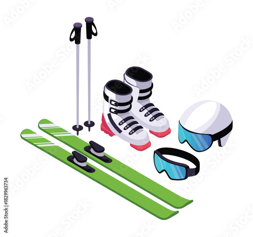 Isometric ski gear equipment set featuring skis, boots, poles, helmet and goggles for winter sports, alpine activities, cold season adventure graphics, outdoor illustration, apparel and gear design.
