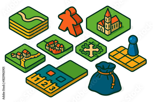 Vivid Board Game Icons. Isometric vector illustration set Board games – tile stack, meeple token, cathedral tile; road tile, city