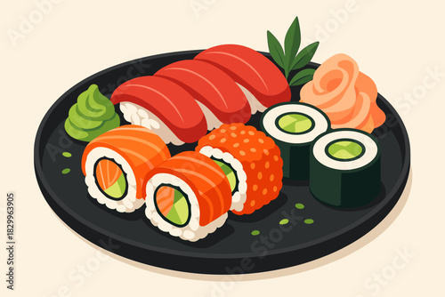 Colorful Sushi Platter. Fresh sushi platter featuring colorful rolls and garnishes on a minimalist black plate, clean and vibrant