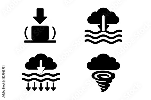 Extreme Pressure Icons. Solid style icons of extreme atmospheric pressure: crushing icons, deep pressure symbols, gas compression