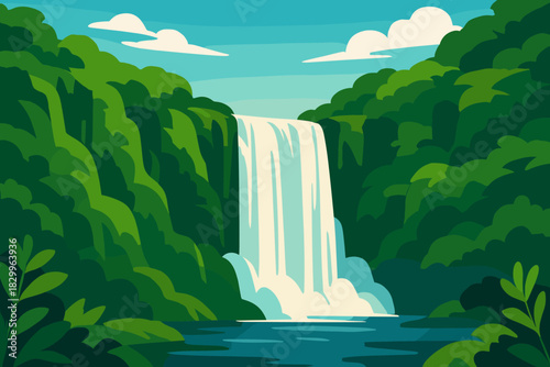 Tranquil Waterfall Paradise. Scenic waterfall cascading down lush green cliffs under a vibrant blue sky, tranquil and refreshing