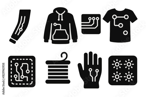 Wearable Tech Icons. Solid style icons of wearable circuits and garments: fiber circuit sleeve, hoodie with wiring, smart fabric