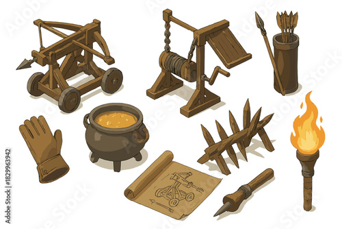 Medieval Warfare Tools. Isometric vector illustration set of Historical warfare: medieval ballista, drawbridge crank, arrow quiver