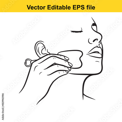 Line art vector illustration of a woman performing facial massage using a gua sha tool for skincare and beauty treatment isolated on white background