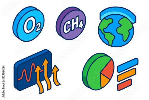 Biosignature Gas Icons. Isometric vector illustration set Biosignature Gases: oxygen O₂ symbol, methane CH₄ symbol, ozone O₃ layer