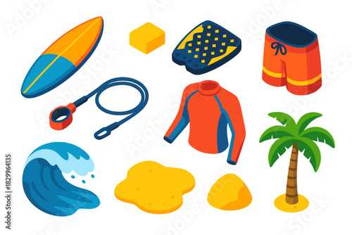 Surfing Gear Icons. Isometric vector illustration set Outdoor sports – surfboard, wax block, traction pad; leash cord, rash guard,
