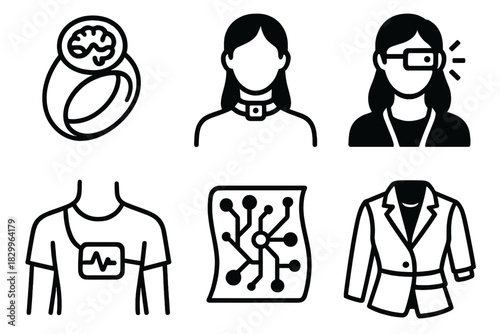 Brain-Computer Fashion Icons. Line style icons of Brain-Computer Fashion: neuro interface ring, collar chip sensor, body signal