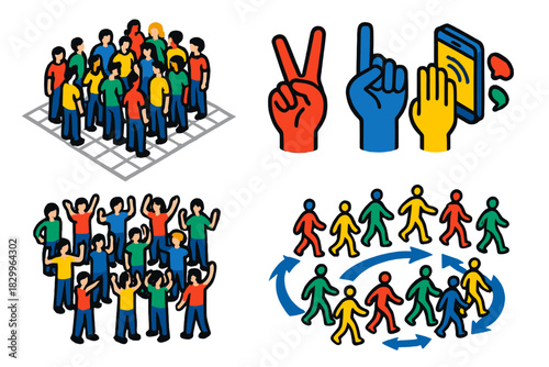 Flash Mob Coordination. Isometric vector illustration set Social coordination in flash mobs: people gathering in public squares,