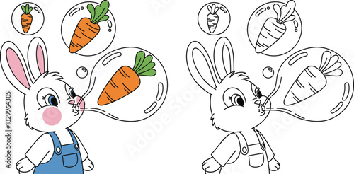 Cute Cartoon Bunny Blowing Carrot Bubbles for Kids Coloring and Learning