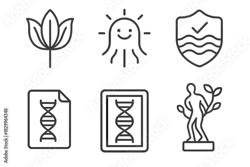 Bio-Art Line Icons. Line style icons of bio-art and design: synthetic petal icon, glowing organism symbol, bio-luminescent badge,