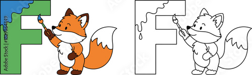 Cute Cartoon Fox Painting Letter F Educational Alphabet Coloring Page for Kids