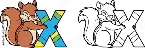 Cute Cartoon Squirrel Hugging Letter X for Kids Alphabet Learning and Coloring