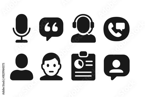 Survivor Icon Set. Solid style icons of survivor interviews: voice glyph, quote bubble icon, headset badge. Video call ring, recap