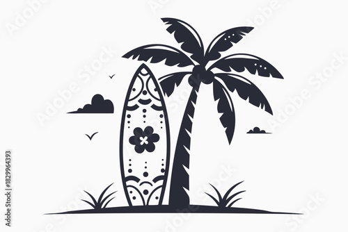 Palm tree and decorative surfboard stand together on an island with birds in air