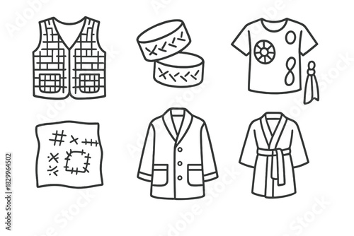 Artisan Fashion Icons. Line style icons of artisan upcycled fashion: handmade woven vest, stitched leather cuffs, indigo-dyed