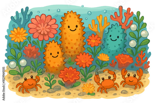 Underwater Garden Scene. Underwater garden with smiling sea cucumbers, coral flowers, pearl fruits, and busy crabs as gardeners No
